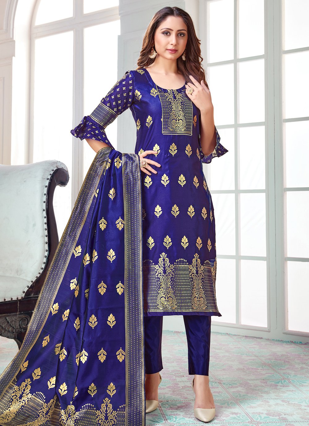 Banarasi Silk Woven Pant Style Suit In Black Colour - SM1357654
