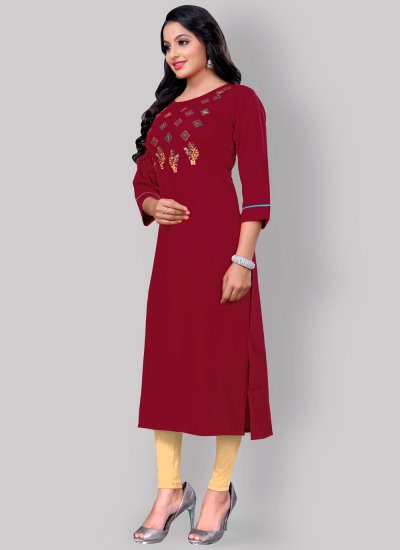 Party Wear Kurti Embroidered Blended Cotton in Maroon