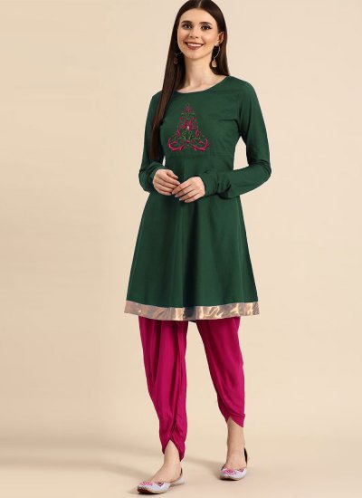Party Wear Kurti Embroidered Rayon in Green
