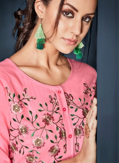 Party Wear Kurti Embroidered Rayon in Pink
