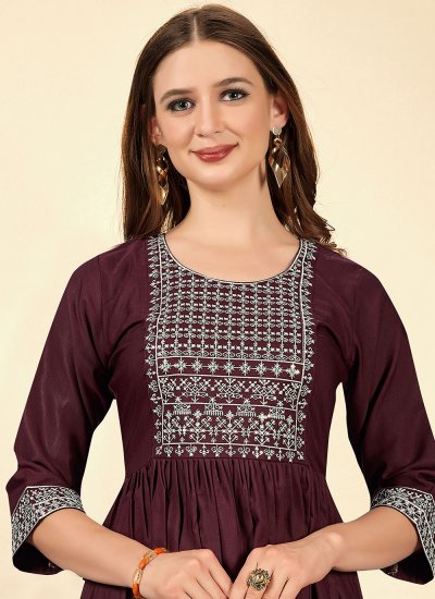 Party Wear Kurti Embroidered Rayon in Wine