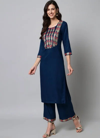 Party Wear Kurti Embroidered Viscose in Navy Blue