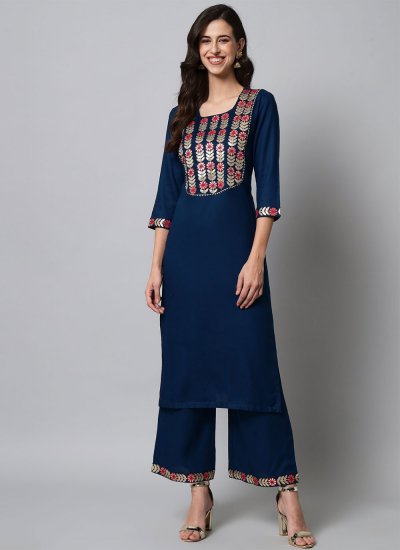 Party Wear Kurti Embroidered Viscose in Navy Blue