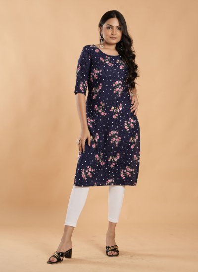 Party Wear Kurti Printed Faux Crepe in Navy Blue
