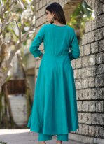 Party Wear Kurti Sequins Cotton in Turquoise
