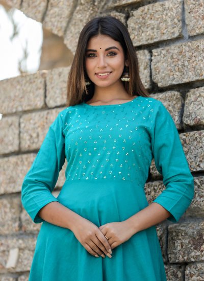 Party Wear Kurti Sequins Cotton in Turquoise