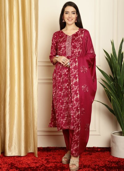 Pashmina Red Geometric Print Designer Salwar Suit