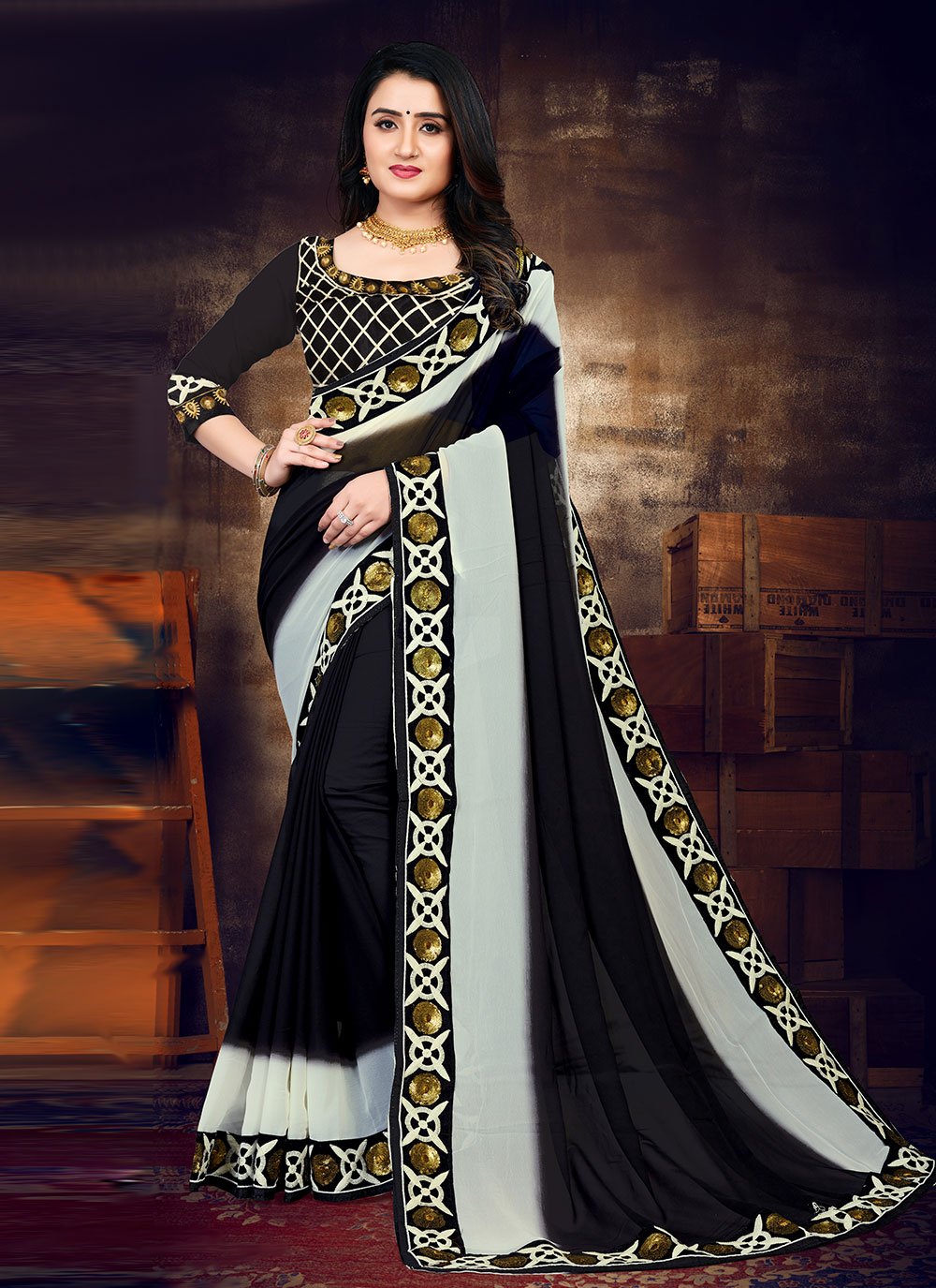 Amazon.com: Look Fashion Women's Georgette Black & White Striped Saree  Bollywood Style Zebra Printed Lining Pattern Saree (Stitch) : Clothing,  Shoes & Jewelry