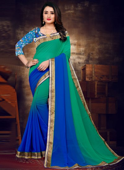 Patch Border Satin Shaded Saree in Blue and Sea Green