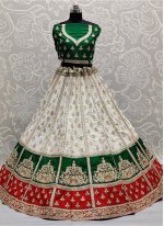 Patch Border Silk Lehenga Choli in Green, Off White and Red