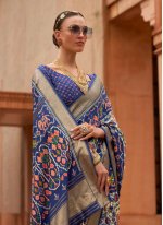 Patola Silk  Border Designer Saree in Navy Blue and Off White
