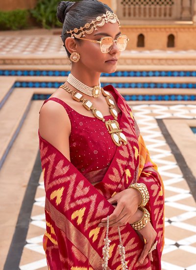 
                            Patola Silk  Contemporary Saree in Maroon and Multi Colour
