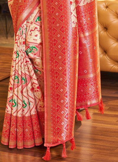 Patola Silk  Weaving Cream and Red Designer Traditional Saree