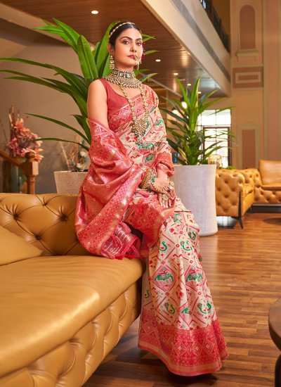 Patola Silk  Weaving Cream and Red Designer Traditional Saree