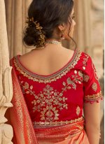 Peach and Red Embroidered Designer Traditional Saree