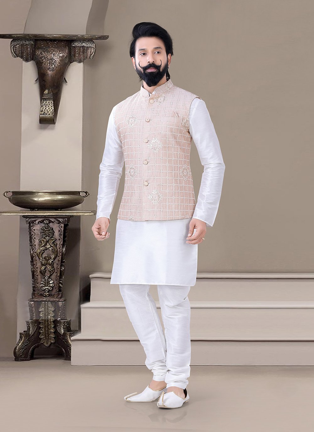 Reception Wear Attractive Kurta Pyjama For Men In Mehendi Green Color Art  Silk Fabric