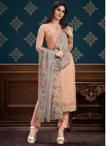 Peach Embroidered Chinon Pant Style Suit