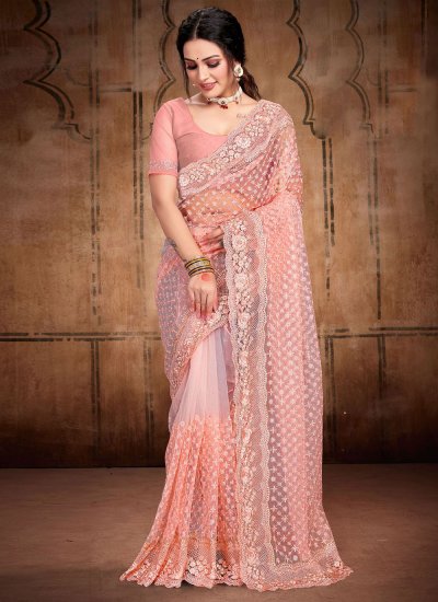 Peach Embroidered Contemporary Style Saree