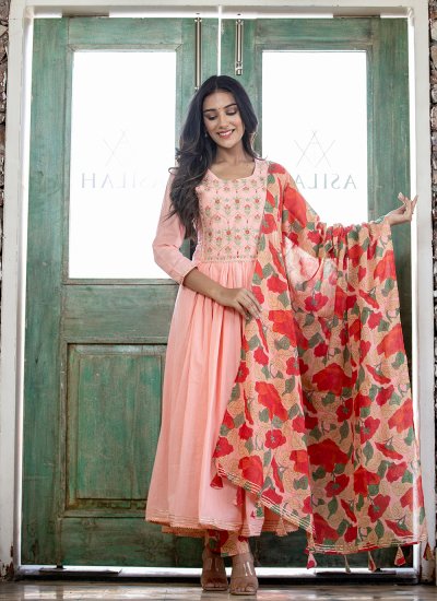 Peach Embroidered Cotton Readymade Salwar Suit