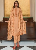 Peach Embroidered Cotton Silk Pant Style Suit