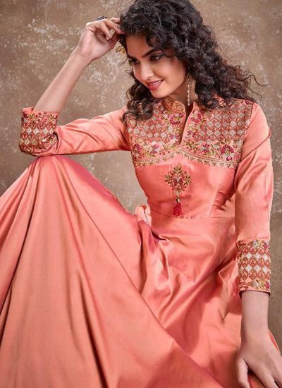 Peach Embroidered Festival Readymade Anarkali Suit