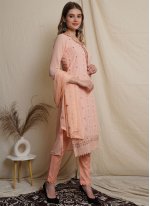 Peach Embroidered Georgette Pant Style Suit