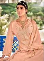 Peach Embroidered Party Designer Straight Suit