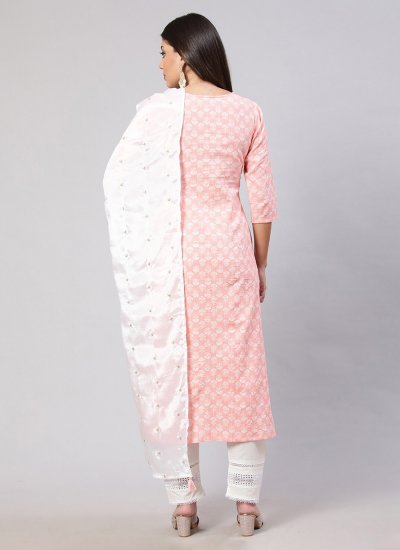 Peach Printed Cotton Straight Suit
