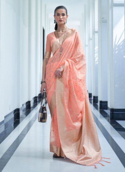 Peach Wedding Silk Contemporary Saree