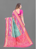 Peppy Aqua Blue and Pink Weaving Silk Traditional Designer Saree