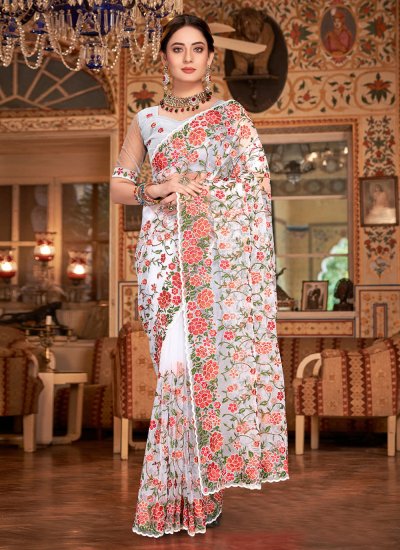 Peppy Embroidered Net White Classic Saree
