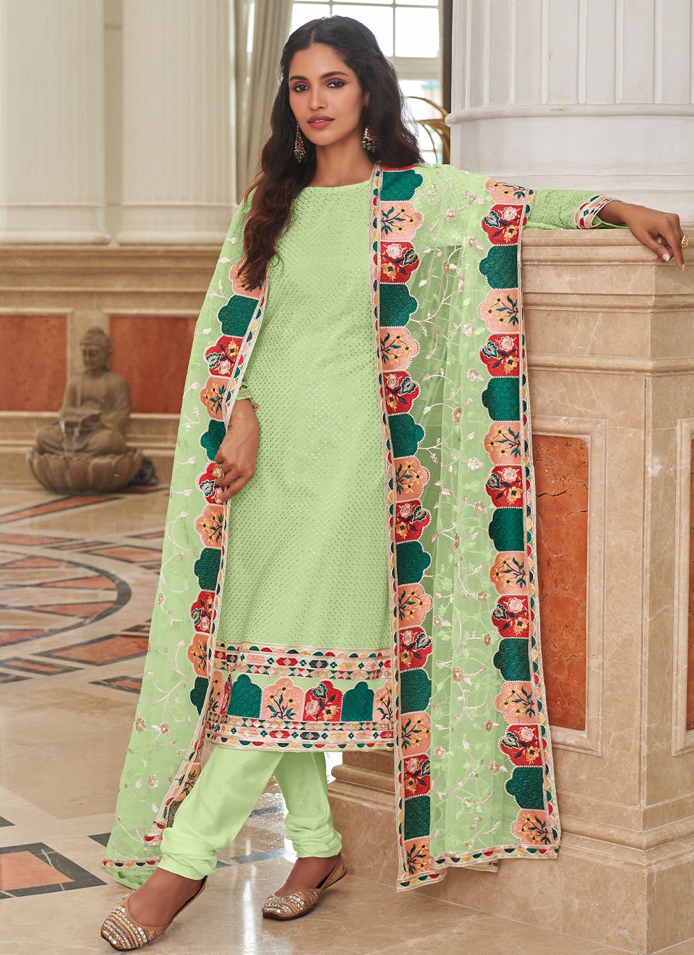 Peppy Green Sequins Georgette Churidar Salwar Kameez