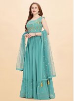 Perfect Blue Embroidered Trendy Gown