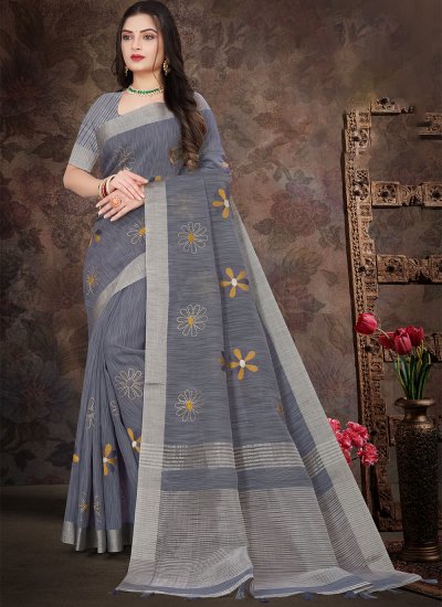Perfect Linen Embroidered Grey Classic Saree