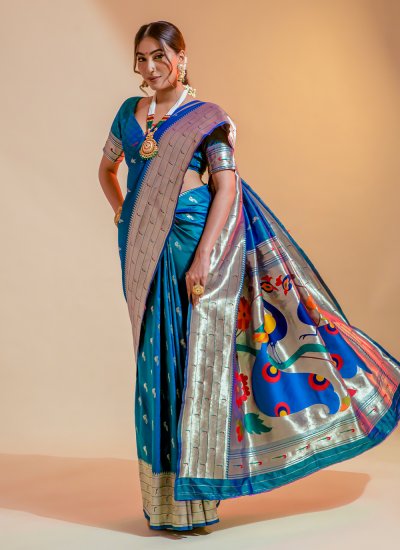 Perfect Weaving Turquoise Silk Trendy Saree