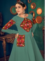 Perfervid Georgette Sea Green Mirror Floor Length Gown
