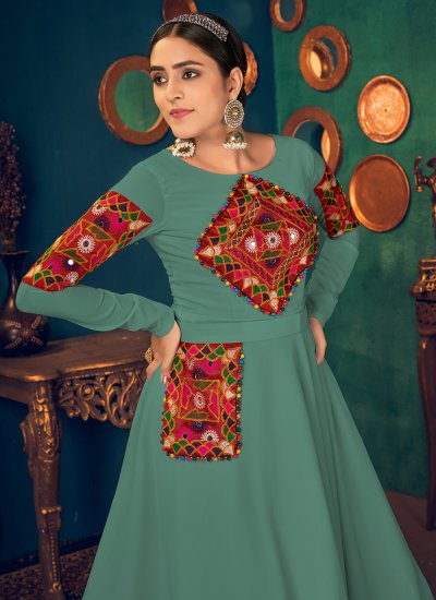 Perfervid Georgette Sea Green Mirror Floor Length Gown
