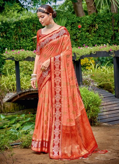 Phenomenal Banarasi Silk Peach Embroidered Traditional Saree