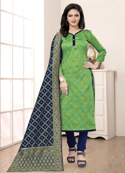 Phenomenal Banarasi Silk Weaving Green Churidar Salwar Suit