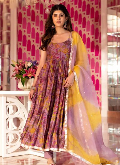 Picturesque Digital Print Chanderi Silk Purple Readymade Anarkali Salwar Suit