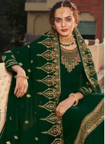 Picturesque Faux Georgette Green Embroidered Designer Pakistani Suit