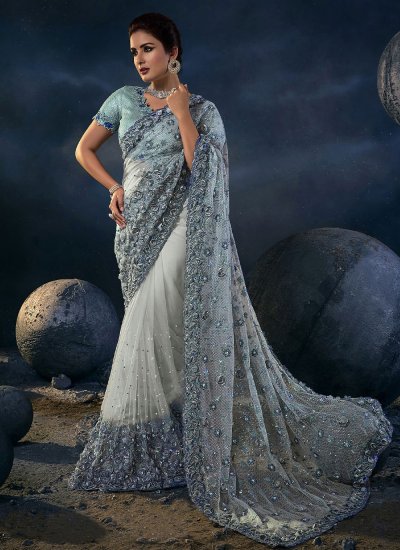 Picturesque Thread Grey Net Saree