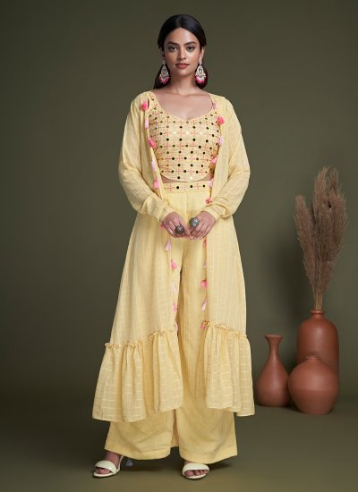 Picturesque Yellow Embroidered Georgette Trendy Salwar Kameez