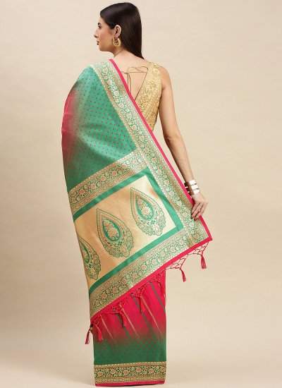 Pink and Sea Green Weaving Banarasi Silk Traditional Designer Saree