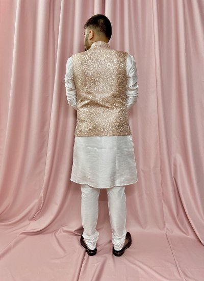 Pink and White Ceremonial Jacquard Kurta Payjama With Jacket