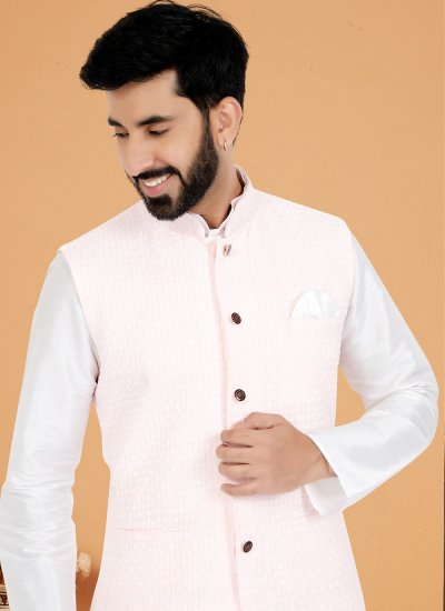 
                            Pink and White Dupion Silk Resham Thread Work Kurta Payjama With Jacket