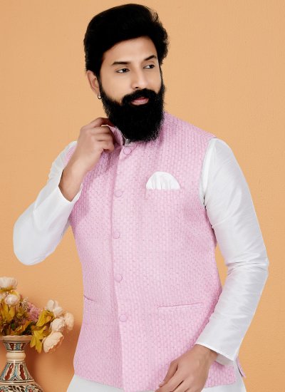 Pink and White Mehndi Kurta Payjama With Jacket