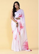 Pink and White Mehndi Satin Silk Casual Saree