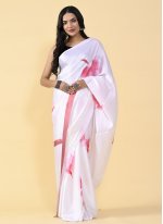 Pink and White Mehndi Satin Silk Casual Saree