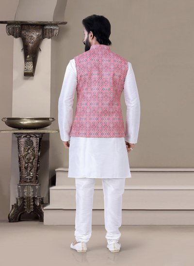 Pink and White Silk Ceremonial Kurta Payjama With Jacket